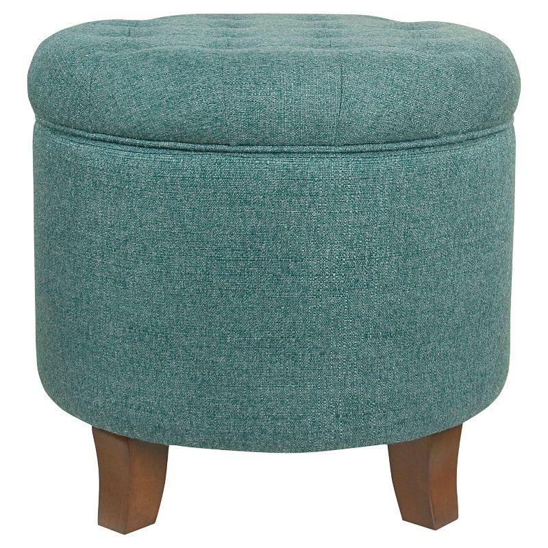 Elegant Teal Tufted Round Ottoman with Textured Weave and Storage