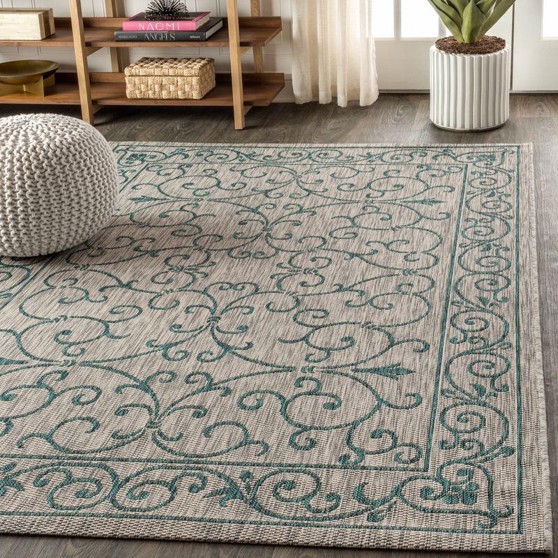 5'x8' Charleston Vintage Filigree Textured Weave Indoor/Outdoor Area Rug, Gray/Teal - JONATHAN Y