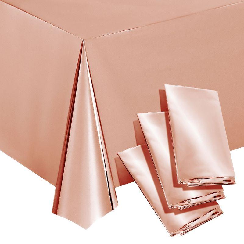 Sparkle and Bash 3 Pack Rose Gold Plastic Tablecloth, Metallic Table Cover Disposable for Pink Birthday Parties, Bridal Shower Decor, 54 x 108 In