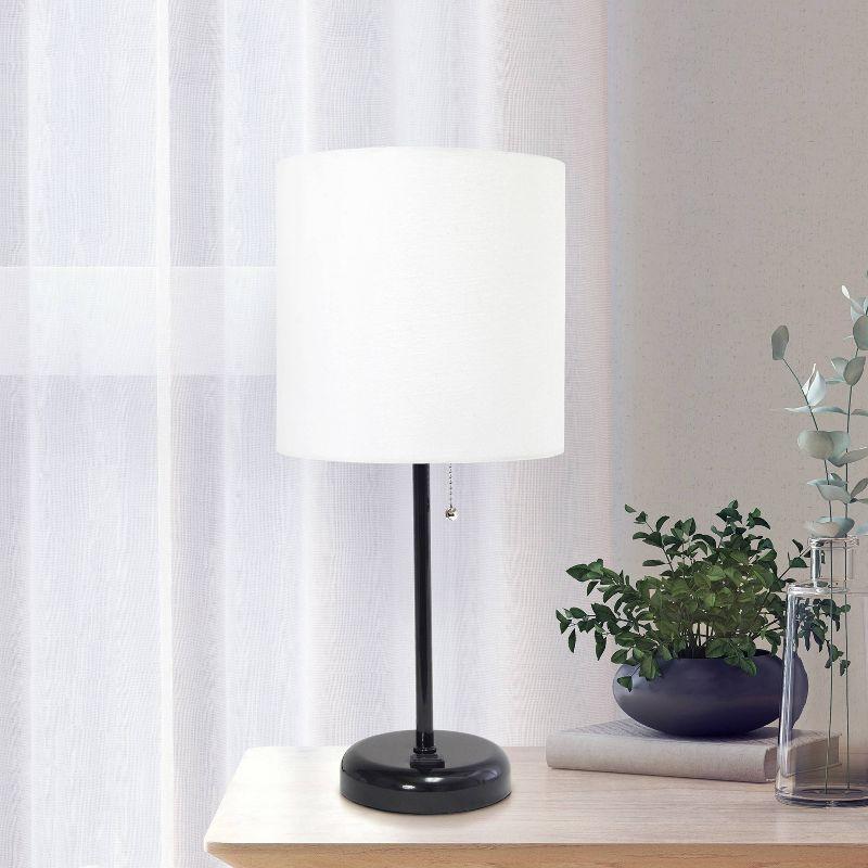 19.5" Bedside Power Outlet Base Metal Table Desk Lamp Brushed Steel with Fabric Shade - Creekwood Home