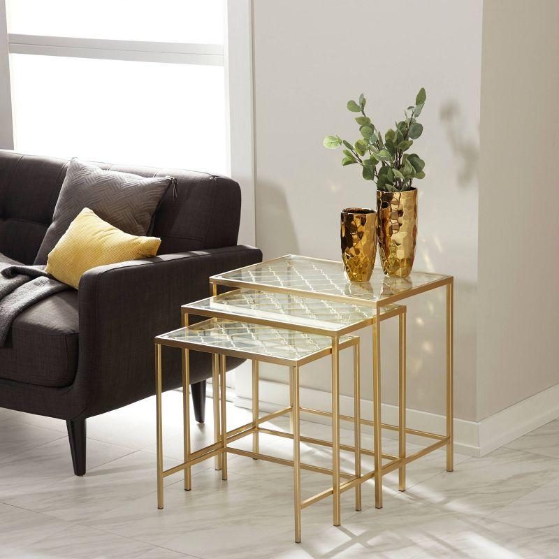 Olivia & May Metal Nesting Tables Pale (Set of 3) Gold: Satin Finish, Glass Surface, Iron Frame, No Assembly Required