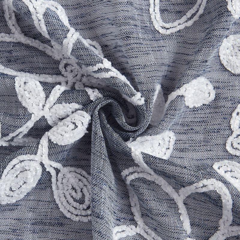 Blue Linen Floral Embroidered Sheer Grommet Curtains, 96"