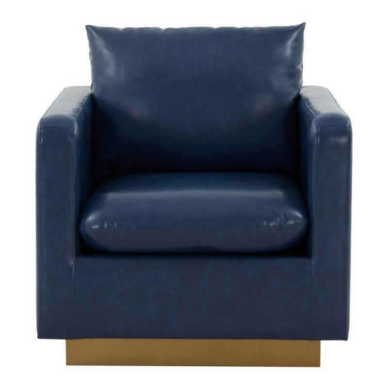 LeisureMod Nervo Accent Arm Chair Upholstered in Faux Leather with Gold Stainless Steel Frame in Navy Blue