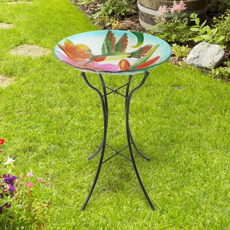 18" Multicolor Glass Hummingbird Birdbath with Metal Stand