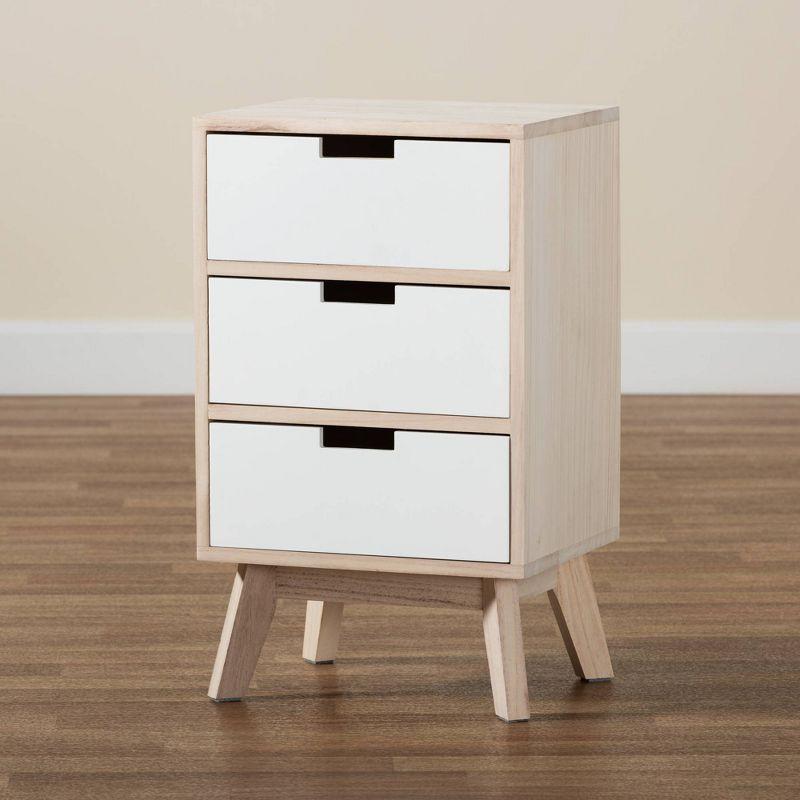 Halian Two-Tone Wood 3 Drawer Nightstand White/Light Brown - Baxton Studio: Scandinavian Style, MDF & Paulownia Frame