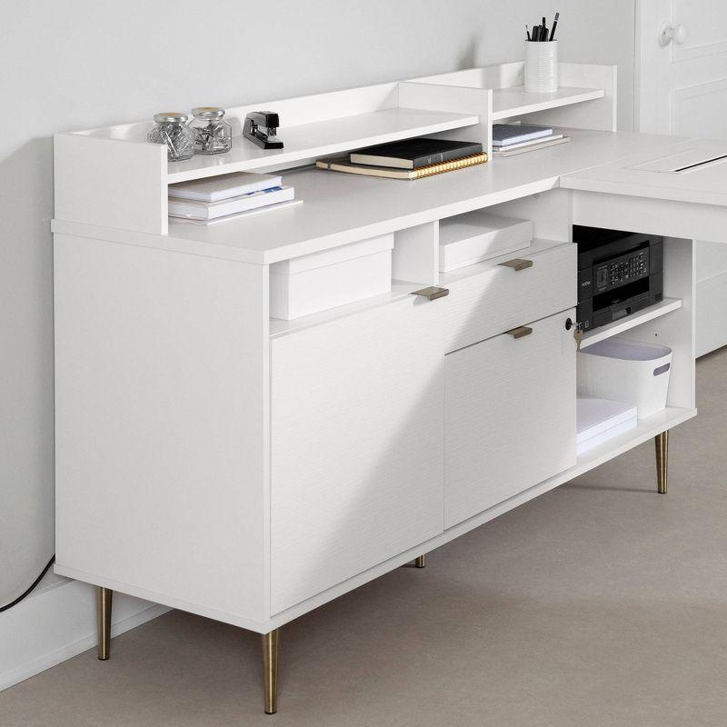 South Shore Koryn Desk Pure White: L-Shaped, Power Bar, Lockable File Drawer, Brass Legs