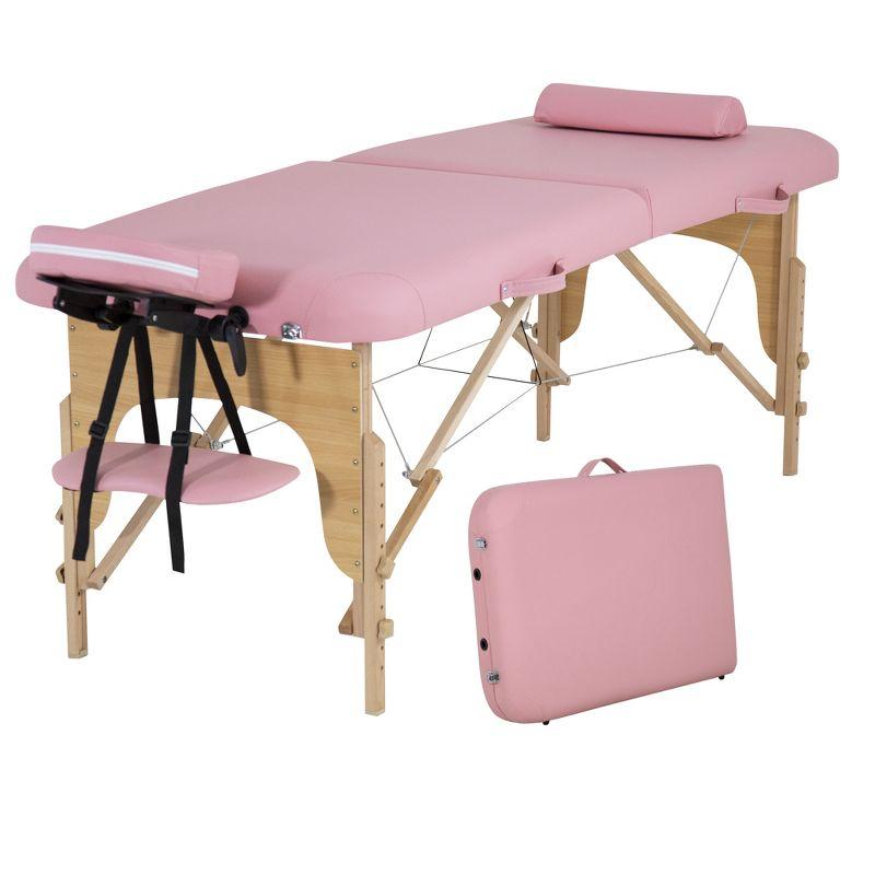 FDW Massage Bed 73 Inches Long Height Adjustable Massage Table W/Sheet Cradle Bolster Portable 2 Folding Massage Salon Table Hanger Tattoo Bed,Pink