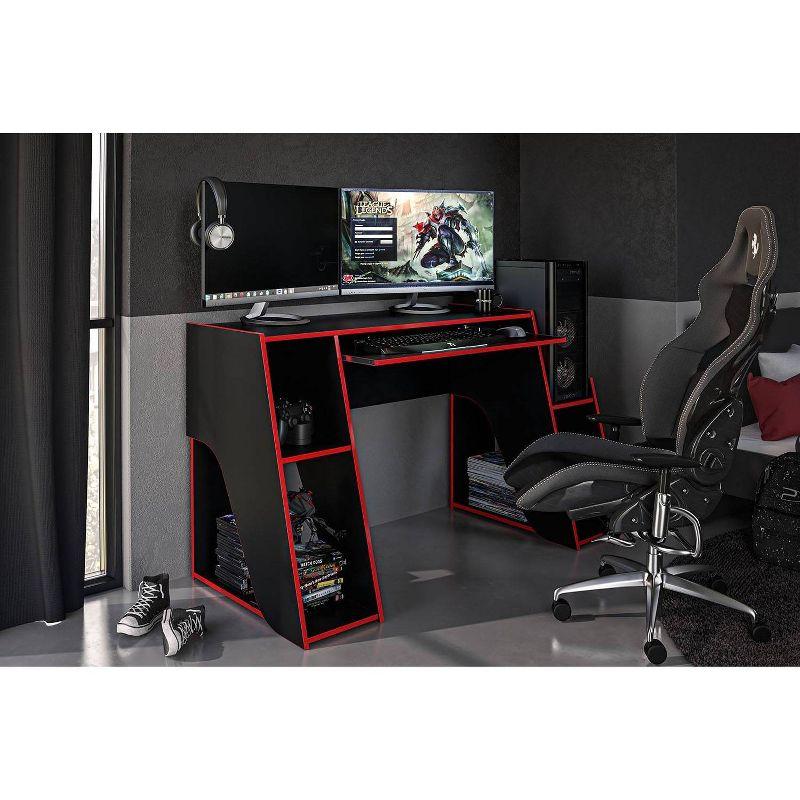 Polifurniture Kyoto Gaming Desk Black/Red : Modern Style, Adult Assembly, Open Storage Shelf, Wood Frame