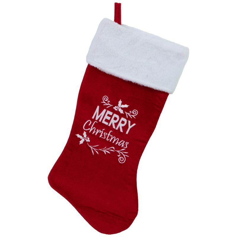 20" Red and White Embroidered Velour Christmas Stocking