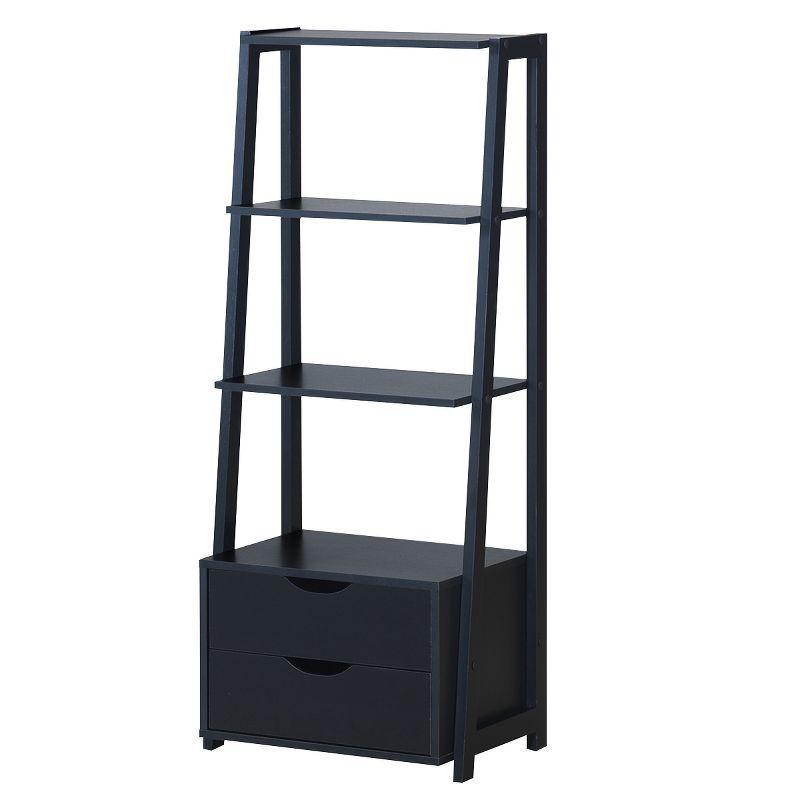 Black 4-Tier Ladder Bookshelf with 2 Drawers