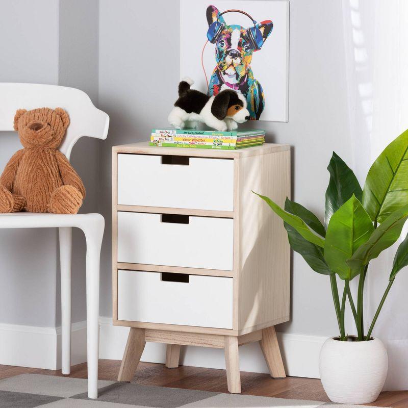 Halian Two-Tone Wood 3 Drawer Nightstand White/Light Brown - Baxton Studio: Scandinavian Style, MDF & Paulownia Frame