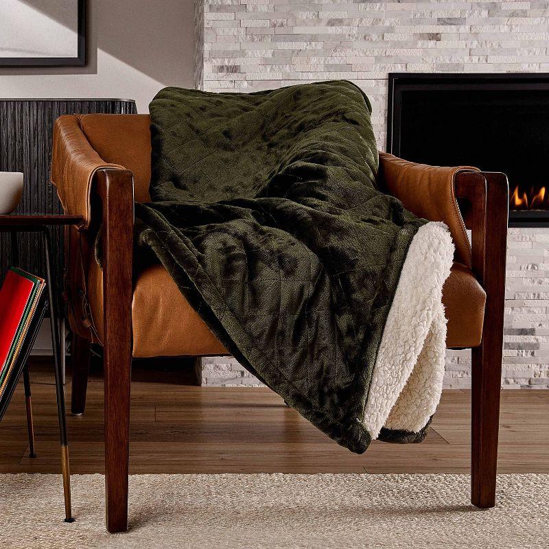 Sunbeam 50" x 60" Quilted Nordic Velvet Reverse Shearling Heated Throw Electric Blanket Olive: Lightweight, Machine Washable