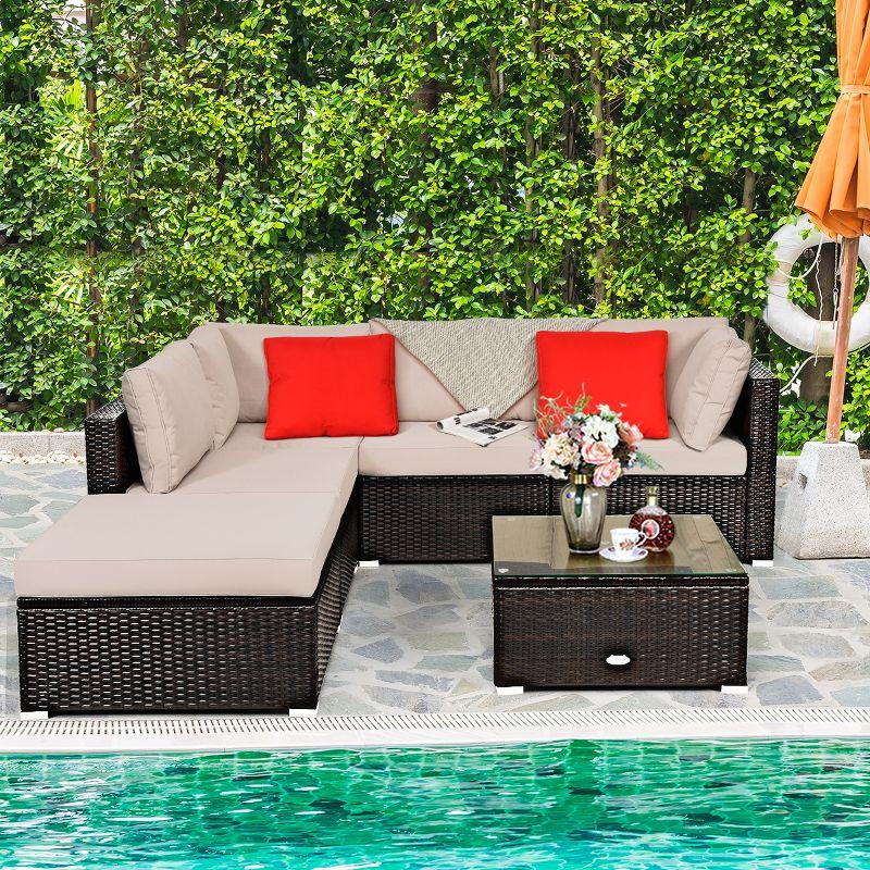 Tangkula 6PCS Patio Rattan Furniture Set Outdoor Sectional Sofa Set w/Coffee Table & Ottoman Brown