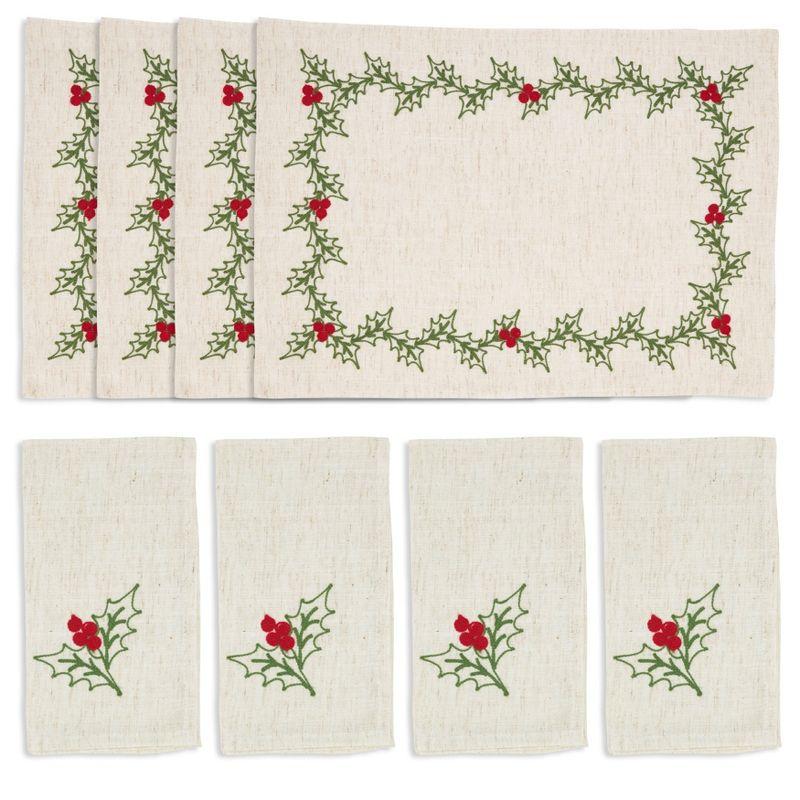 Saro Lifestyle Embroidered Holly Table Mats & Napkins 8 pcs Set (4 Placemats, 4 Napkins)