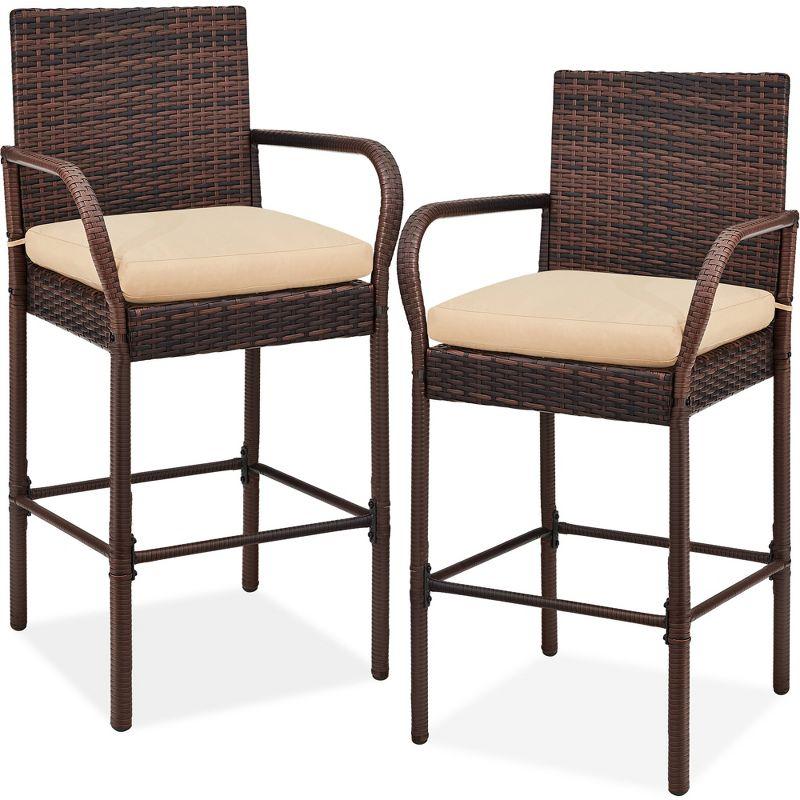 Brown Wicker Bar Stools with Cream Cushions, Set of 2