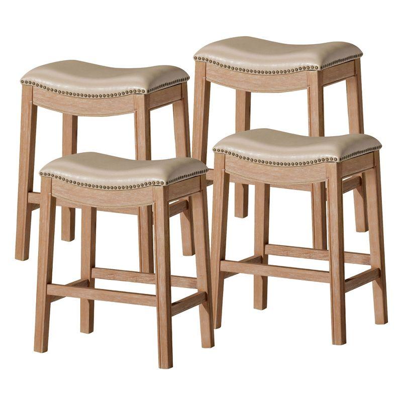 Weathered Oak Backless Saddle Bar Stools with Vegan Leather, Set of 4