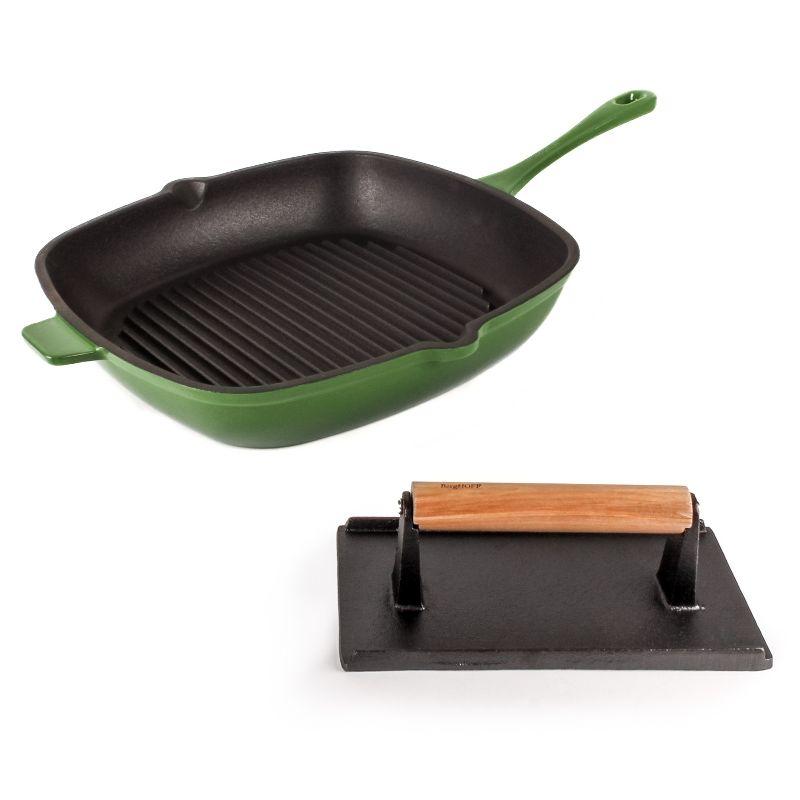 BergHOFF BergHOFF Neo 2Pc Cast Iron Grill Set: Grill Pan & Bacon/Steak Press, Green
