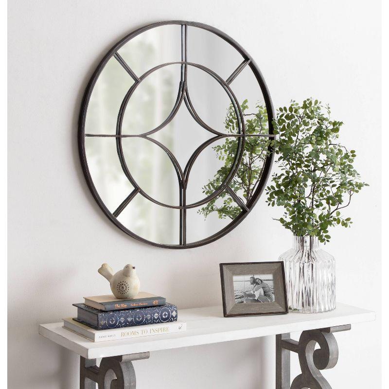 Angelis 34.5" Black Metal Framed Round Wall Mirror with Geometric Overlay