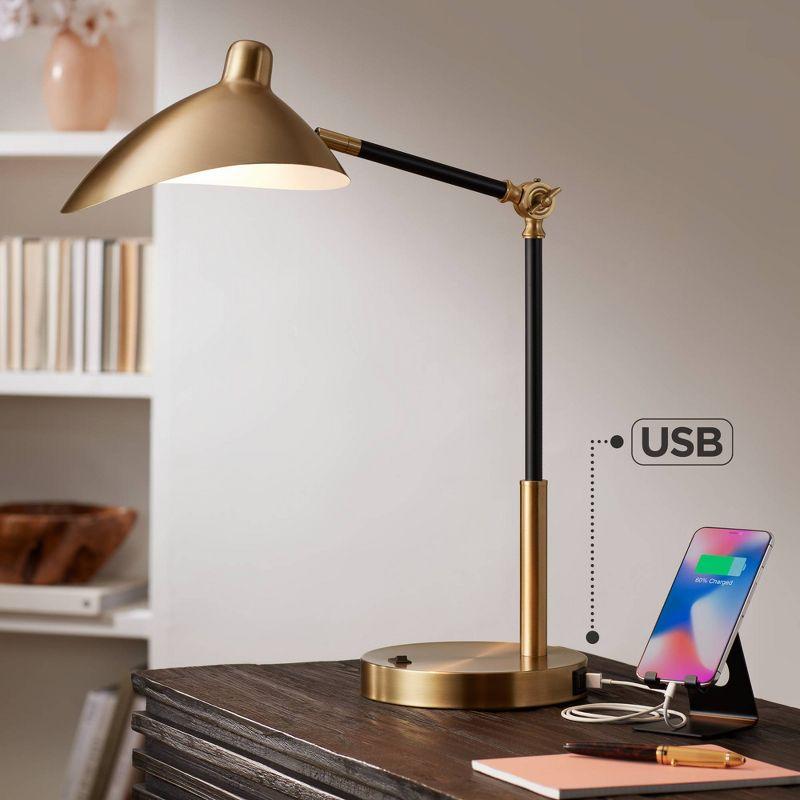 360 Lighting Colborne Modern Mid Century Desk Table Lamp 28" Tall Antique Brass Black with USB Charging Port LED for Bedroom Living Room Bedside Kids