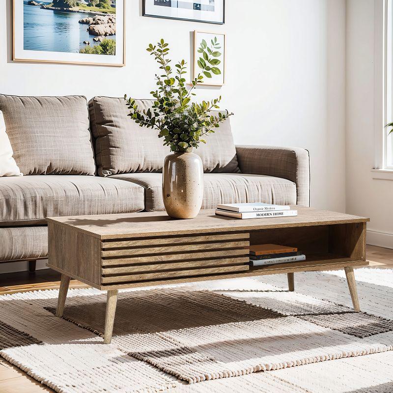 LuxenHome Mid-Century Modern Rectangular Coffee Table with Storage and Solid Wood Legs Brown