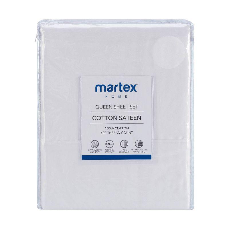 Martex 400 Thread Count Luxury Sheet Set 100% Long Staple Cotton Sateen Weave Silky Soft & Durable, Wrinkle & Fade Resistant, Deep Pocket