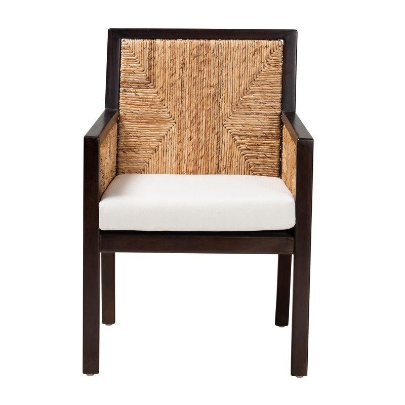 bali & pari Joana Modern Bohemian Dark Brown Mahogany Wood and Natural Seagrass Dining Arm Chair