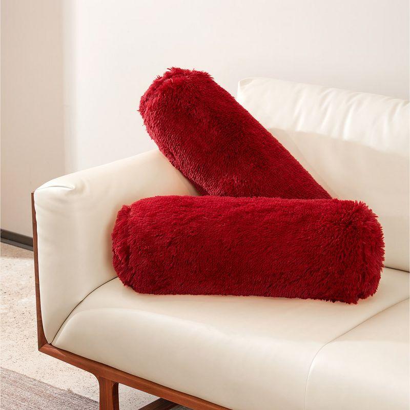 Set of 2 Maroon Shaggy Long Hair Bolster Pillows