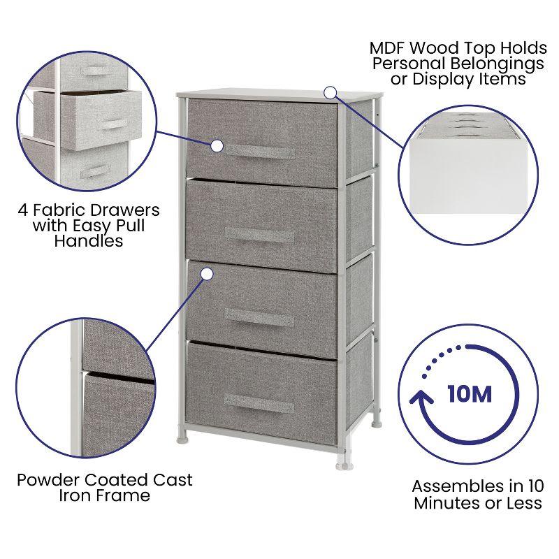 Flash Furniture 4 Drawer Wood Top Cast Iron Frame Vertical Storage Dresser with Easy Pull Fabric Drawers