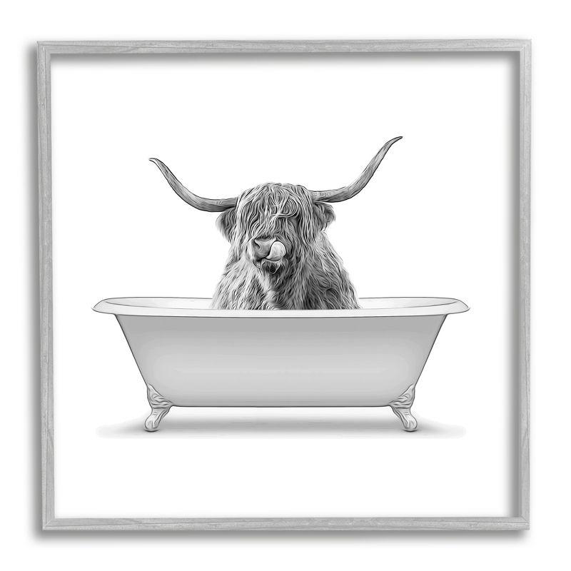 Gray Framed Longhorn Highland Cow in Bathtub Abstract Print