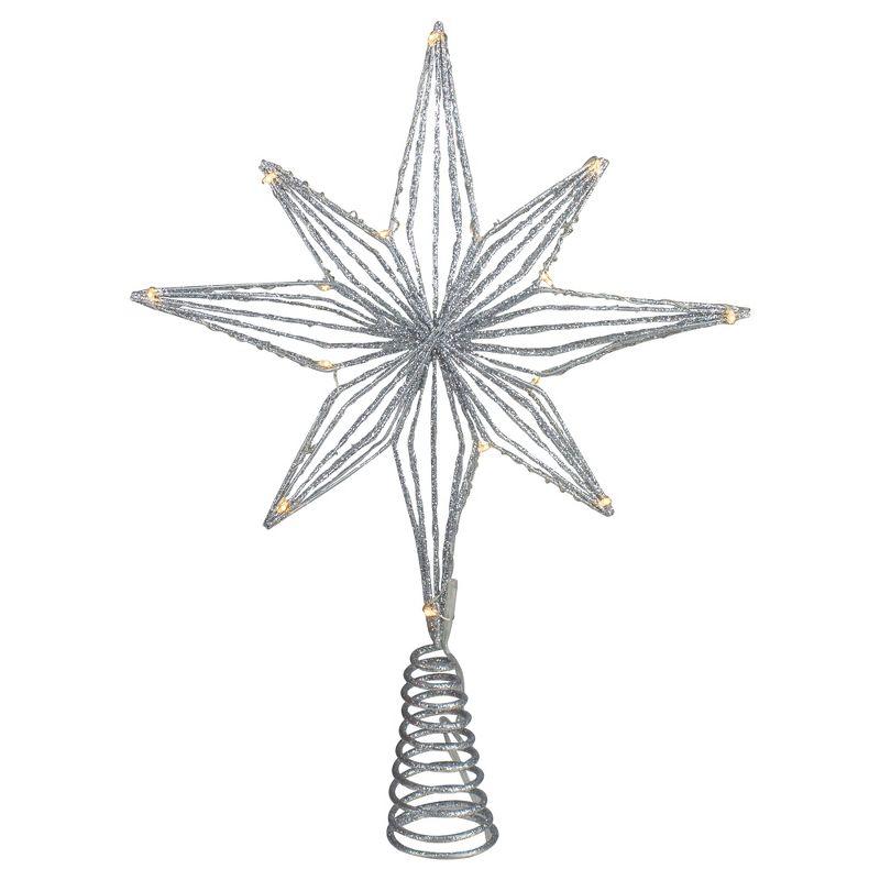 Northlight Seasonal 13.75" LED Lighted B/O Silver Glittered Geometric Star Christmas Tree Topper - Warm White Lights