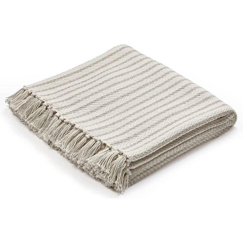 Americanflat 100% Cotton Throw Blanket for Couch - 50x60 - All Seasons Neutral Lightweight Cozy Soft Blankets.[Cream Beige Pinstripe]
