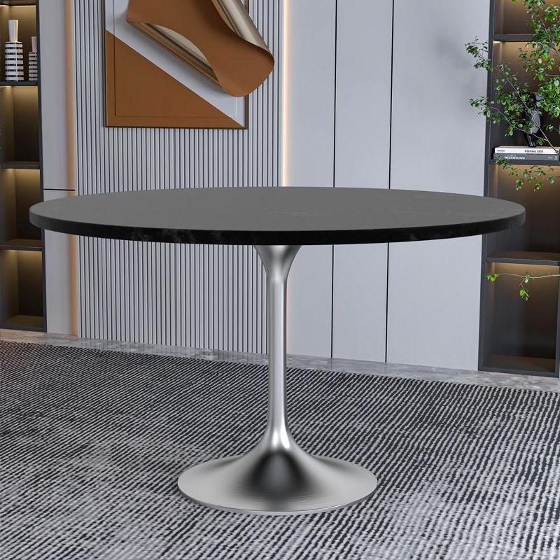 LeisureMod Verve Mid-Century Modern 48" Round Table with MDF Top and Brushed Chrome Pedestal Base for Dining Room and Kitchen in Black