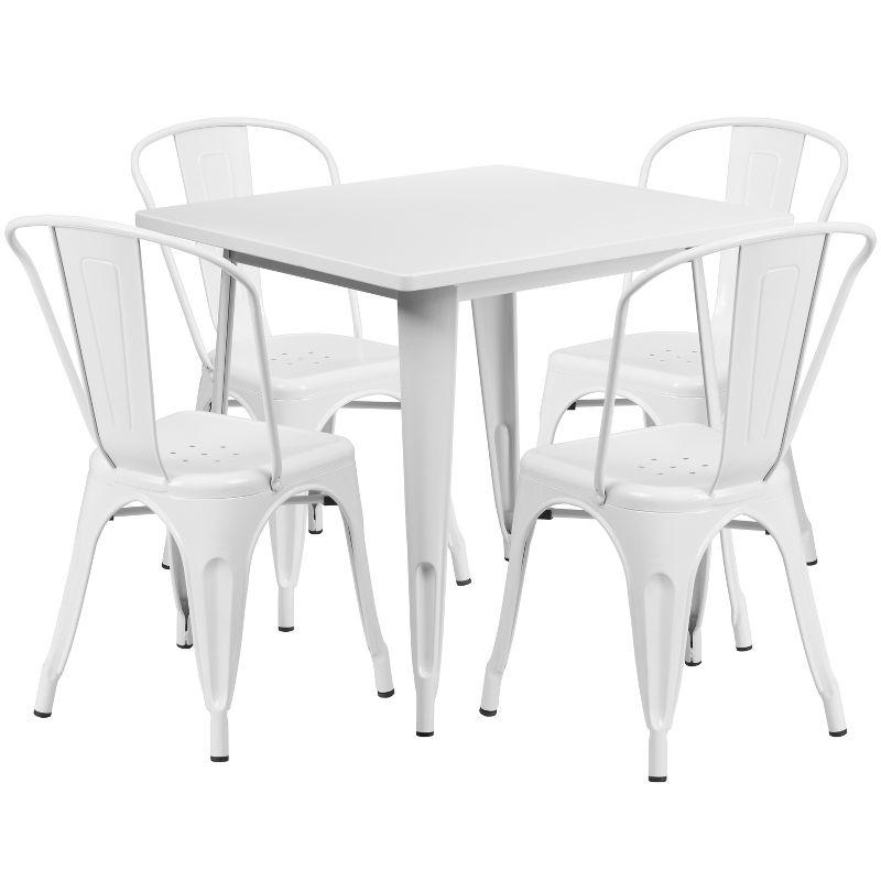 Emma White Metal Indoor-Outdoor Table Set with 4 Stack Chairs