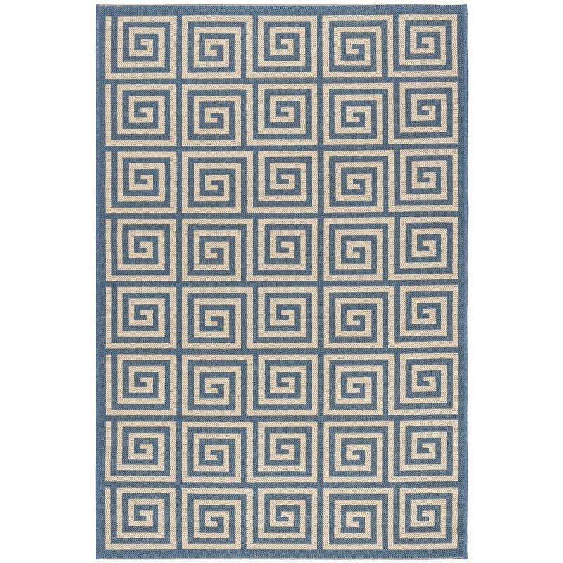 Cream and Blue Geometric 3' x 5' Stain-Resistant Synthetic Rug