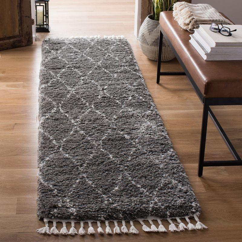 Ivory and Grey Moroccan Fringe Shag Runner Rug