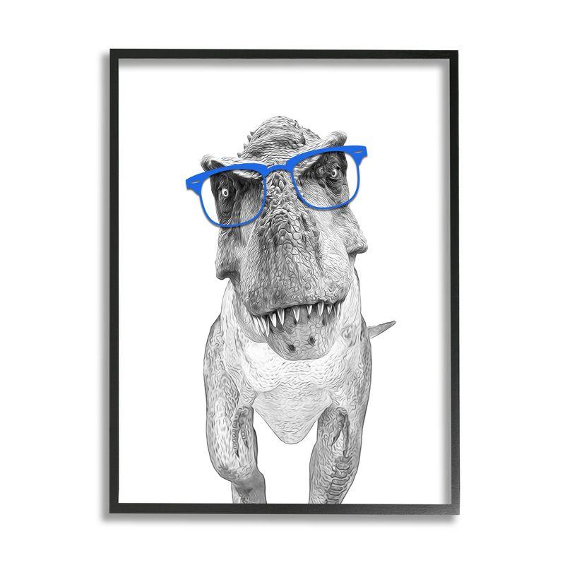 Monochrome T-Rex with Blue Glasses Framed Print, 18x22