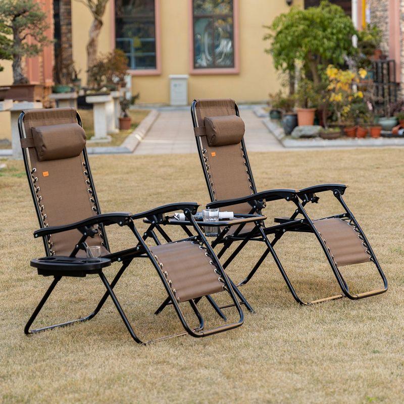 Brown Steel Mesh Folding Zero Gravity Lounger Chair Set with Table