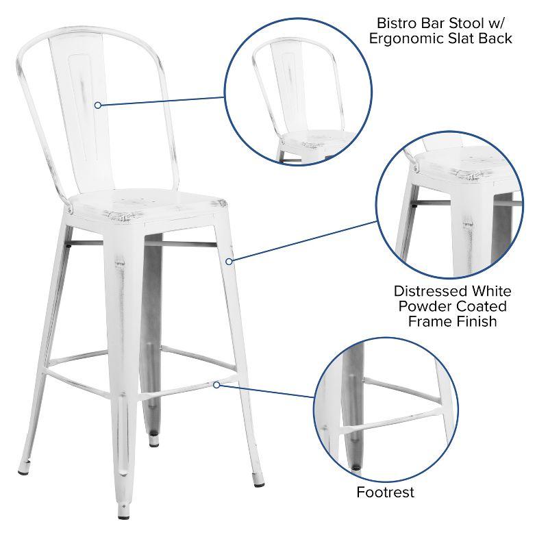 Flash Furniture Commercial Grade 30" High Distressed White Metal Indoor-Outdoor Barstool with Back