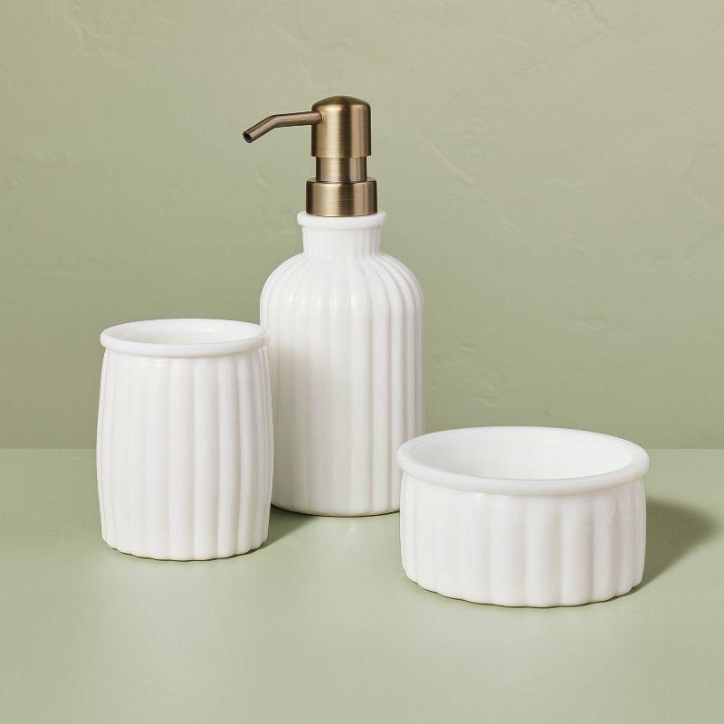 Fluted Milk Glass Soap Pump Brass Finish - Hearth & Hand™ with Magnolia: Elegant Bathroom Accessory, 10oz Capacity