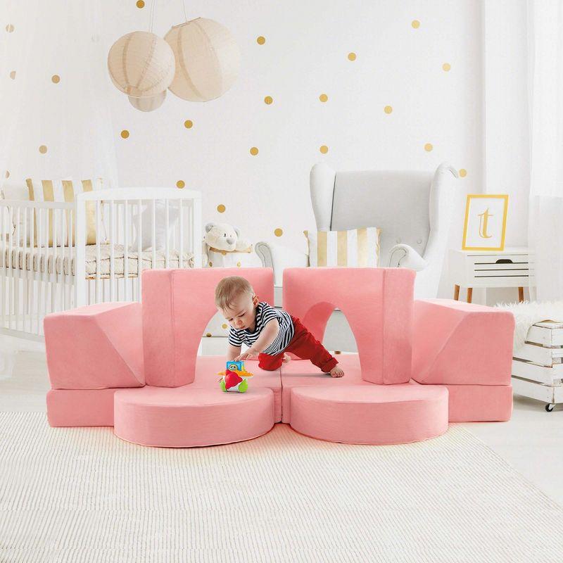 Costway Kids Modular Play Sofa 8 PCS with Detachable Cover for Playroom & Bedroom Indoor Pink