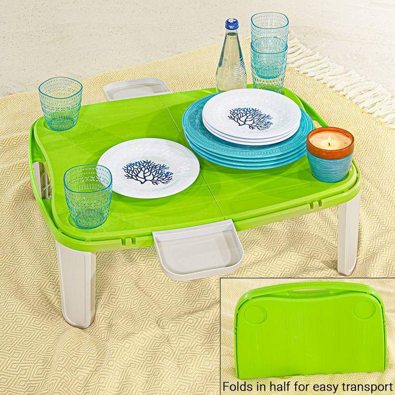 Green and White Foldable Plastic Camping Table with Cup Holders