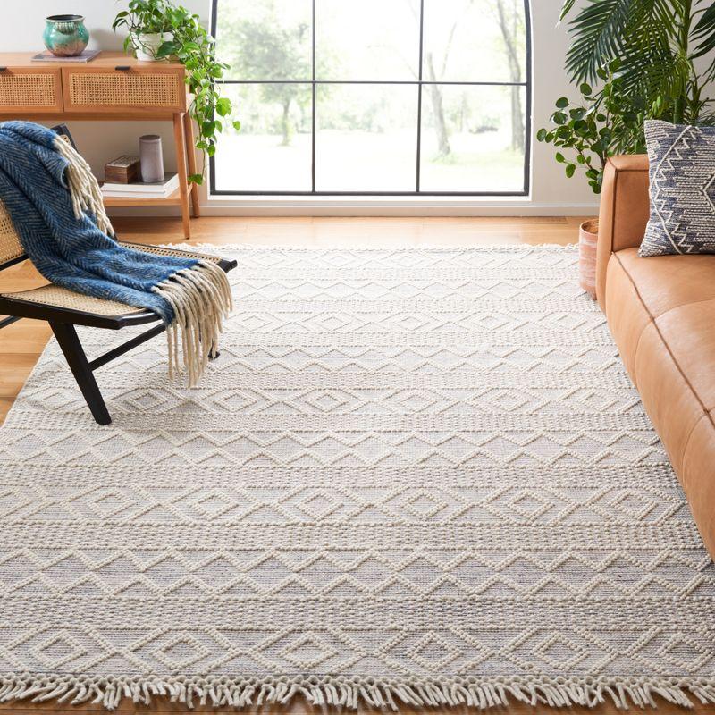 Ivory and Blue Hand-Knotted Wool Cotton Square Rug