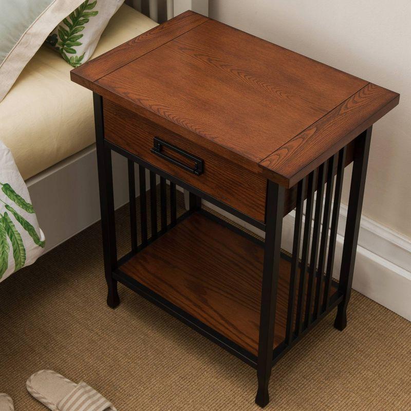 Mission Oak and Matte Black Metal 1-Drawer Nightstand