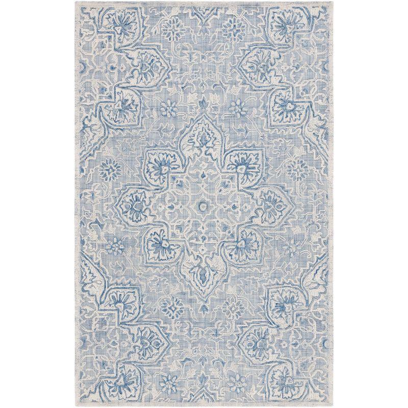 Ivory and Blue Hand-Tufted Wool Medallion Area Rug 8' x 10'