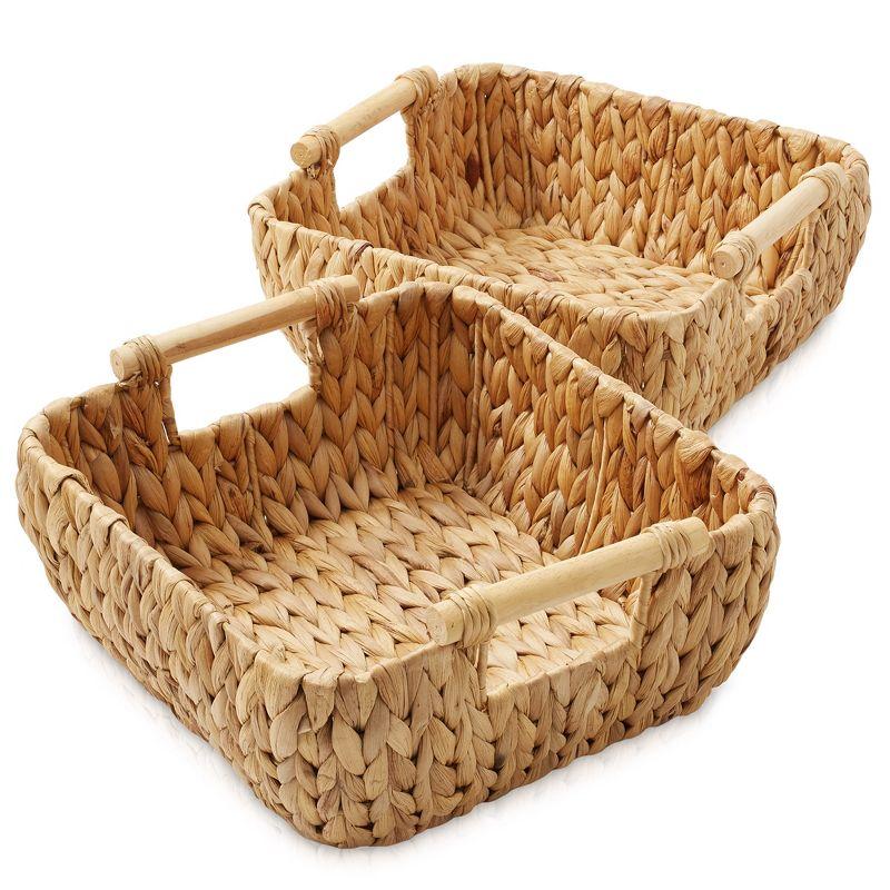 Casafield Water Hyacinth Oval Storage Basket Sets with Wooden Handles, Woven Nesting Bin Organizers