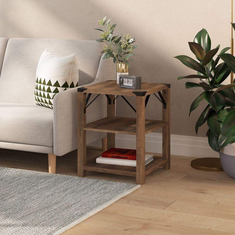 Rustic Oak and Metal 3-Tier Square End Table