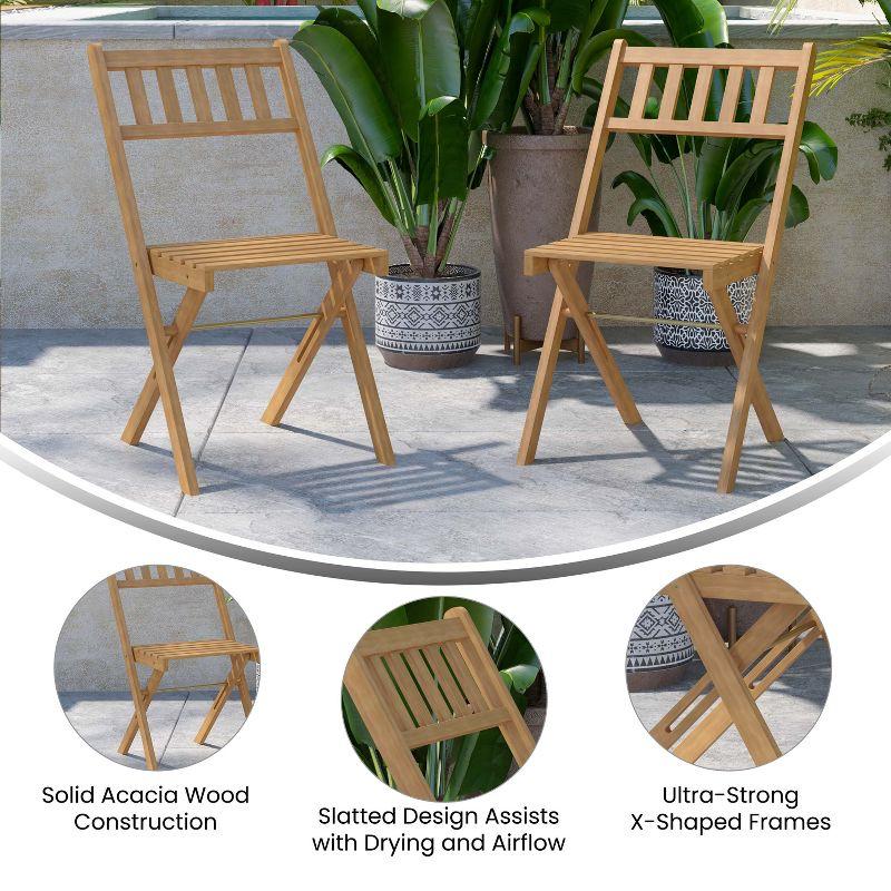 Merrick Lane Set of 2 Solid Acacia Wood Armless Folding Patio Bistro Chairs with Slatted Backs and Seats in Natural Finish