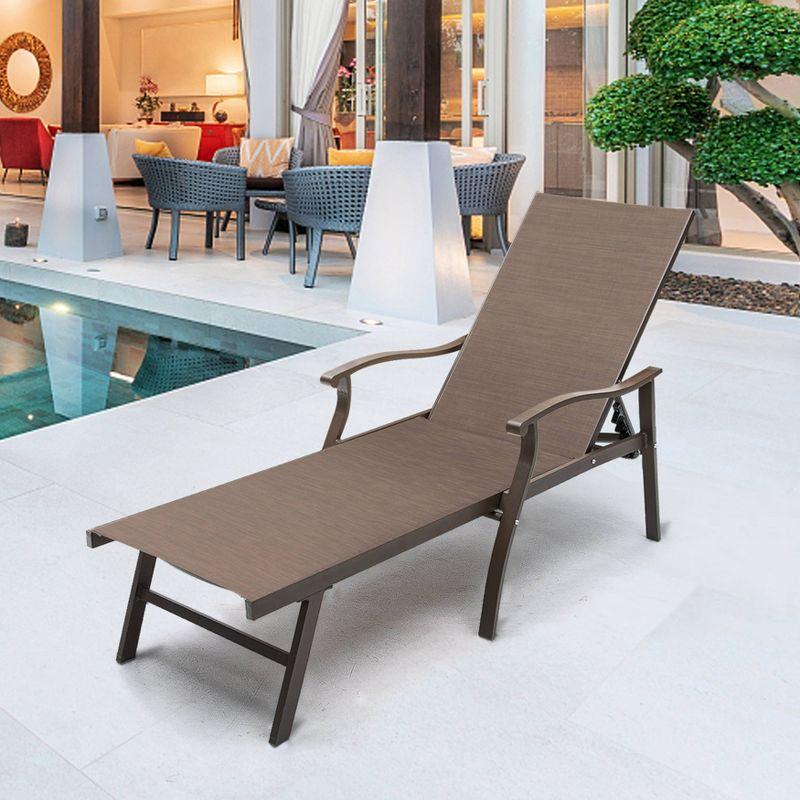 Outdoor Aluminum Adjustable Chaise Lounge Chair with Arms - Brown - Crestlive Products: Patio Furniture, Weather-Resistant