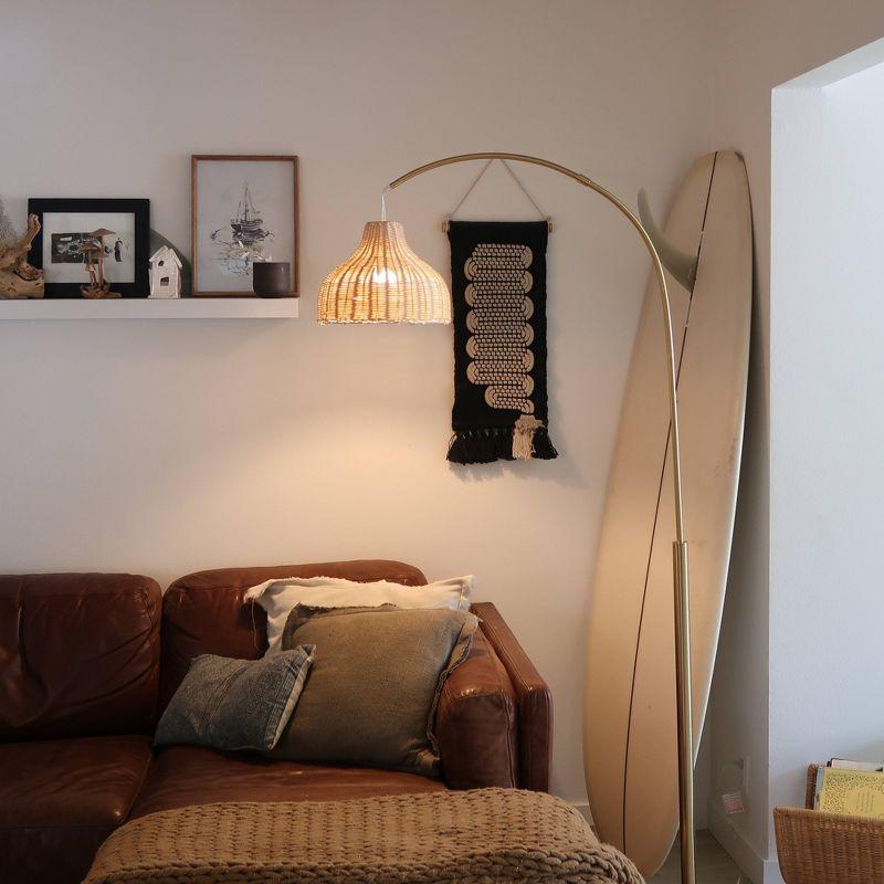 Brightech Lark 75 in. Weighted Base LED Arched Standing Floor Lamp with Boho Rattan Shade