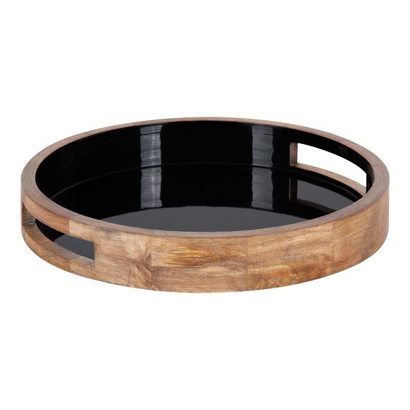 Natural and Black Round Mango Wood Tray with Handles